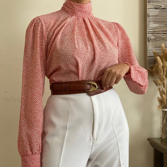 SOLD Vintage 70s Abstract High Ruched Mock Neck  Blouse Kathy Allison - Picture 4 of 6